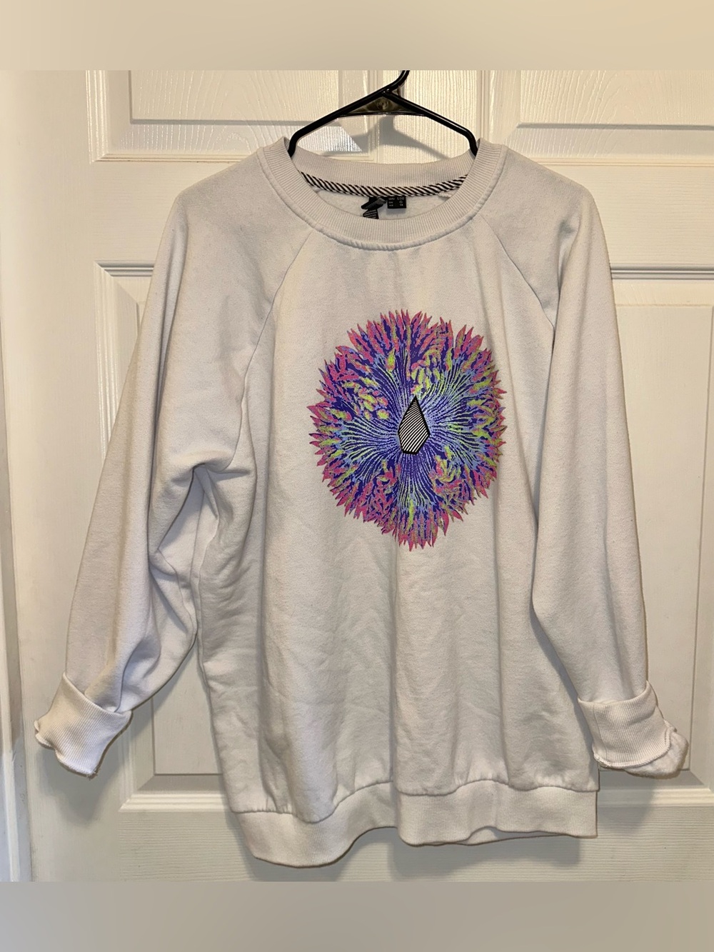 Volcom White Sweatshirt with Black Logo Tag and Striped Trim